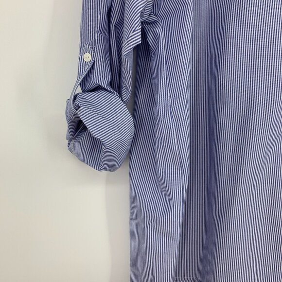 Zara Shirt Poplin Blue Stripe Button Down Roll Tab Sleeve Top - Picture 6 of 12